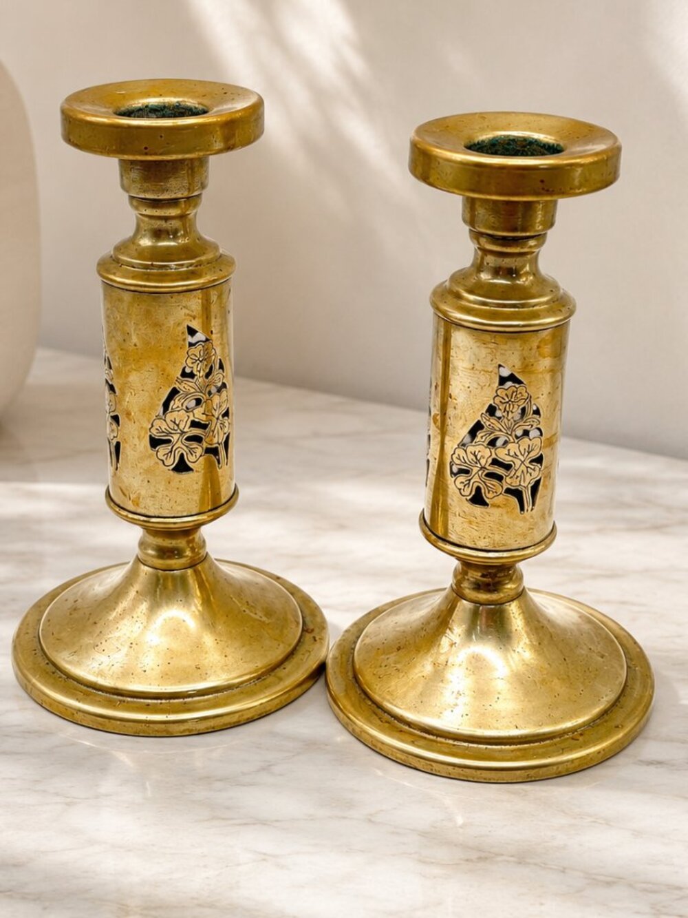 Vintage India Brass Floral Pierced Candlestick Holders Pair 6" Boho Decor